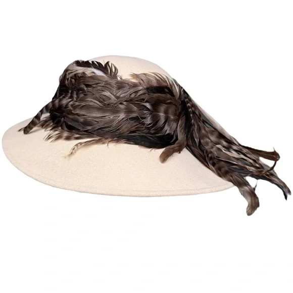 Vintage Jack McConnell Feather Hat, Cream Felt Wide Brim, Real Feathers, Rare - Picture 9 of 12